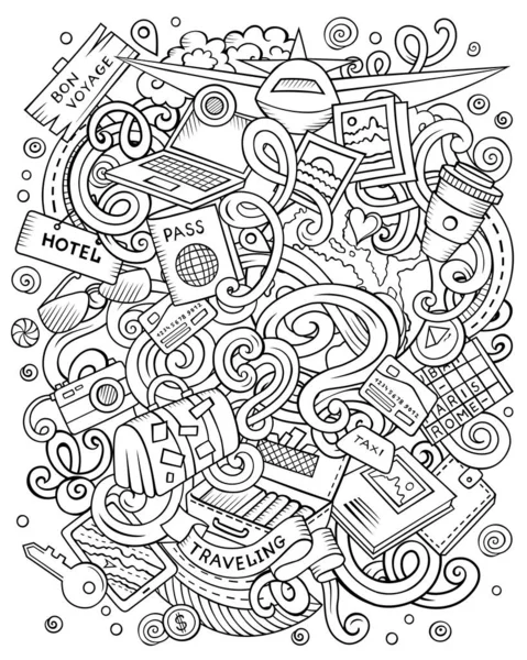 Travel hand drawn raster doodles illustration. Traveling poster design.