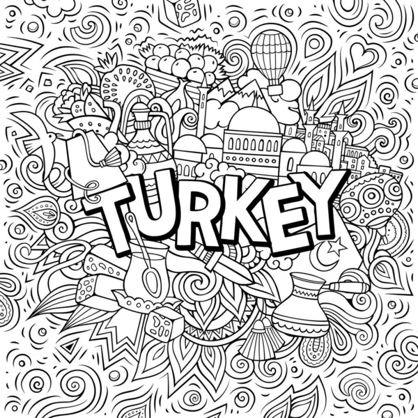 Turkiet handritade tecknade klotter illustration. Rolig resedesign. — Stockfoto