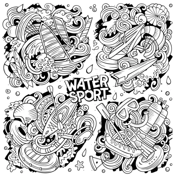 Ręcznie rysowane bazgroły zestaw kreskówek Water Summer sportowe kombinacje — Zdjęcie stockowe