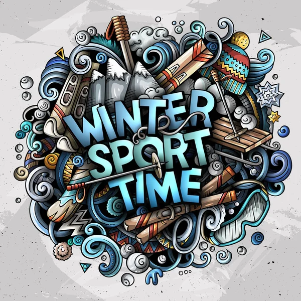 冬のスポーツタイム手描きの漫画のドアのイラスト. — ストック写真
