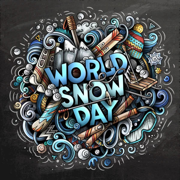 Παγκόσμια ημέρα χιονιού χέρι ζωγραφισμένα κινούμενα σχέδια doodles εικονογράφηση. — Φωτογραφία Αρχείου