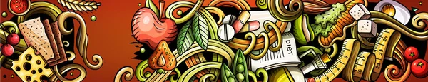 Dieta comida mão desenhada doodle banner. Folheto detalhado dos desenhos animados . — Fotografia de Stock