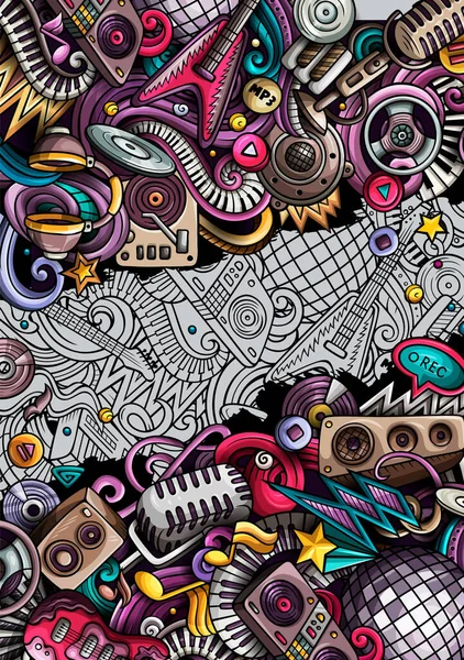 Disco Music desenhado à mão doodle banner. Folheto detalhado dos desenhos animados . — Fotografia de Stock