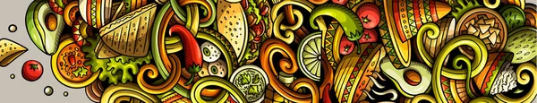 Banner de garabatos dibujado a mano comida mexicana. Folleto detallado de dibujos animados . —  Fotos de Stock