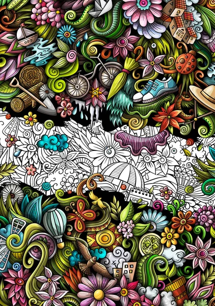 Primavera mão desenhada doodle banner. Folheto detalhado dos desenhos animados . — Fotografia de Stock