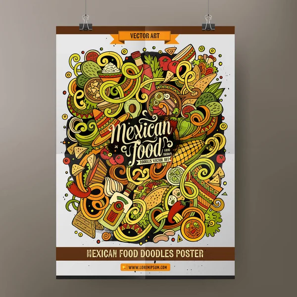 Desenhos animados mão desenhada doodles mexicano modelo de cartaz de comida —  Vetores de Stock