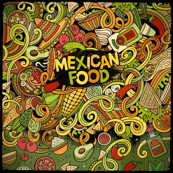 Cartone animato messicano cibo scarabocchi telaio design — Vettoriale Stock