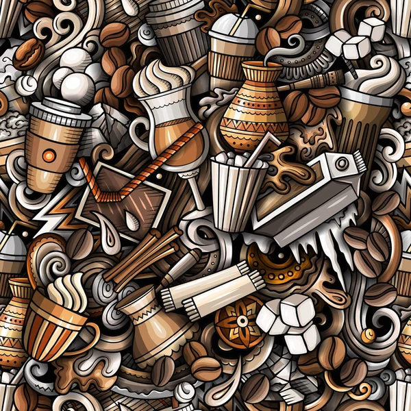 アイスコーヒーの手をシームレスなパターンの落書きを描いた 夏のドリンクの背景 砂糖生地の印刷デザインの漫画冷たい飲み物 カラフルなベクターイラスト — ストックベクタ