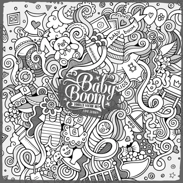 漫画かわいい落書き手描かれた赤ちゃんのイラスト ラインアートの詳細は オブジェクトの背景がたくさんある 面白いベクトルアートワーク 子供をテーマにしたスケッチな絵 — ストックベクタ