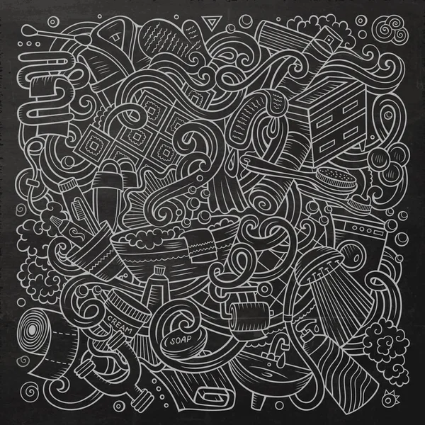 Desenhos Animados Doodles Bonito Mão Desenhada Ilustração Banheiro Chalkboard Detalhado — Vetor de Stock