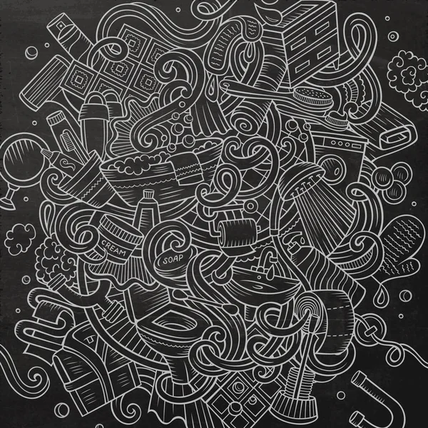 Desenhos Animados Doodles Bonito Mão Desenhada Ilustração Banheiro Chalkboard Detalhado — Vetor de Stock