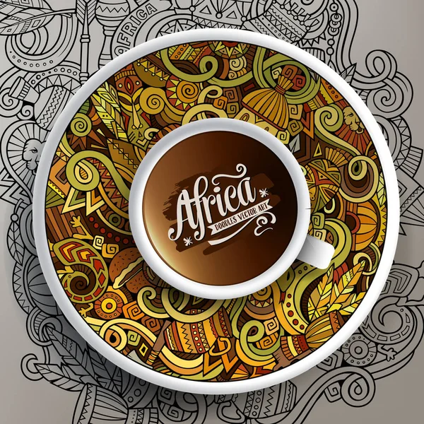ソーサーと背景にアフリカのドッドルを描いたコーヒーと手のカップのベクトルイラスト — ストックベクタ