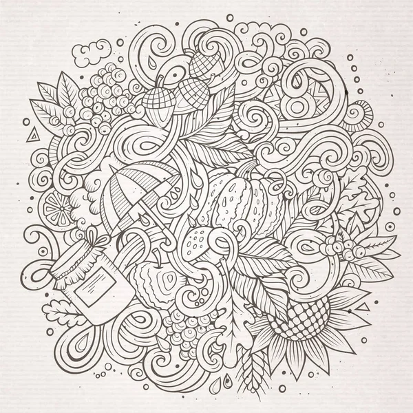 Tekenfilm Schattige Doodles Hand Getekend Herfst Illustratie Line Art Gedetailleerd — Stockvector