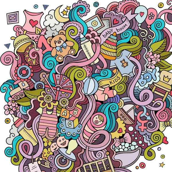 Desenhos Animados Doodles Bonito Mão Desenhada Ilustração Bebê Colorido Detalhado — Vetor de Stock