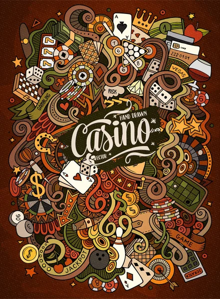 Cartoon Hand Drawn Doodles Casino Gambling Illustration Colorful Detailed Lots — Stock Vector