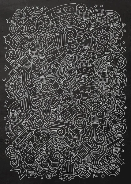 Desenhos Animados Doodles Bonito Desenho Mão Quadro Cinema Chalkboard Detalhado — Vetor de Stock