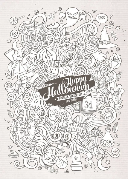 Tekenfilm Schattige Doodles Hand Getekend Halloween Illustratie Line Art Gedetailleerd — Stockvector