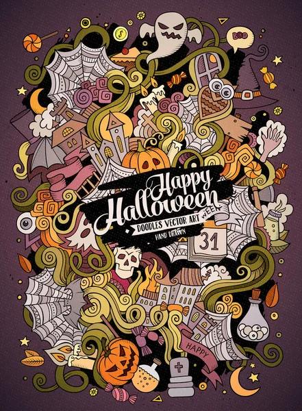 Cartoon Cute Doodles Hand Drawn Halloween Illustration Colorful Detailed Lots — Stock Vector