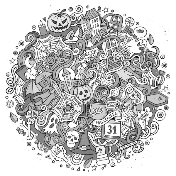 Cartone Animato Carino Scarabocchi Disegnato Mano Halloween Illustrazione Linea Arte — Vettoriale Stock