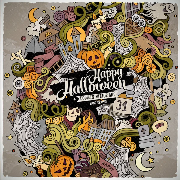 Cartoon Cute Doodles Hand Drawn Halloween Illustration Colorful Detailed Lots — Stock Vector