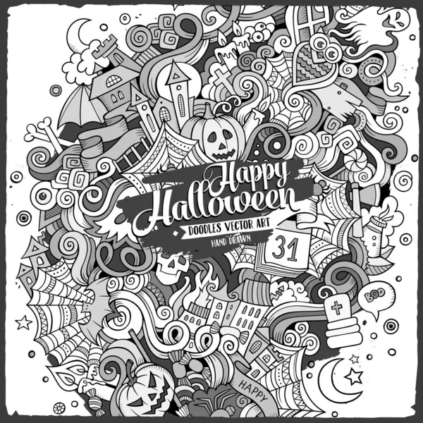 Rajzfilm Aranyos Firkák Kézzel Rajzolt Halloween Illusztráció Line Art Részletes — Stock Vector