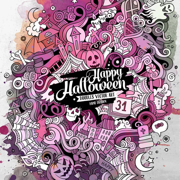 Cartoon Cute Doodles Hand Drawn Halloween Illustration Watercolor Detailed Lots — Stock Vector