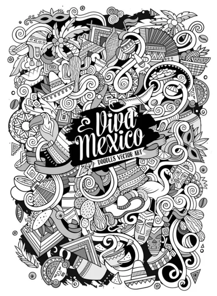 漫画の手描きのドドルラテンアメリカのイラスト 線画の詳細 多くのオブジェクトのベクトルの背景 — ストックベクタ
