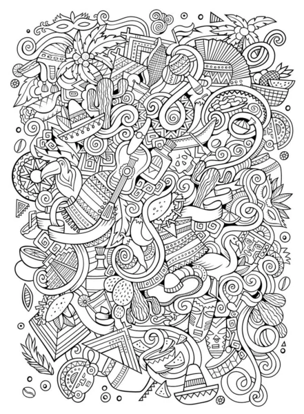 Illustrazione Latino Americana Scarabocchi Disegnati Mano Del Fumetto Linea Arte — Vettoriale Stock