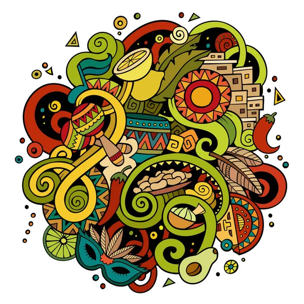 漫画の手描きのドドルラテンアメリカのイラスト 多くのオブジェクトベクトルの背景を持つ — ストックベクタ