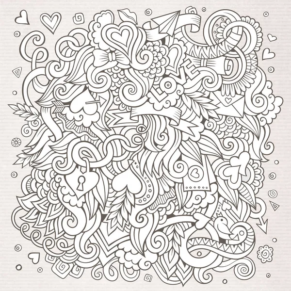 漫画のベクトル手描きの愛の落書き オブジェクトとシンボルを持つスケッチなデザインの背景 — ストックベクタ
