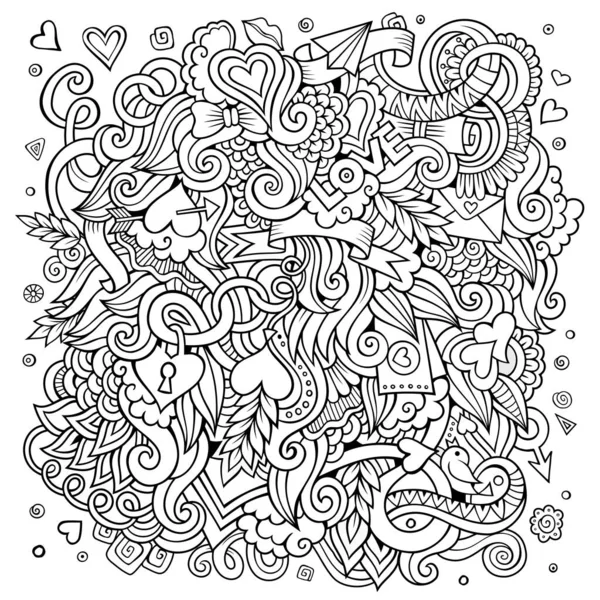 卡通矢量手绘爱情涂鸦 带有物体和符号的素描设计背景 — 图库矢量图片