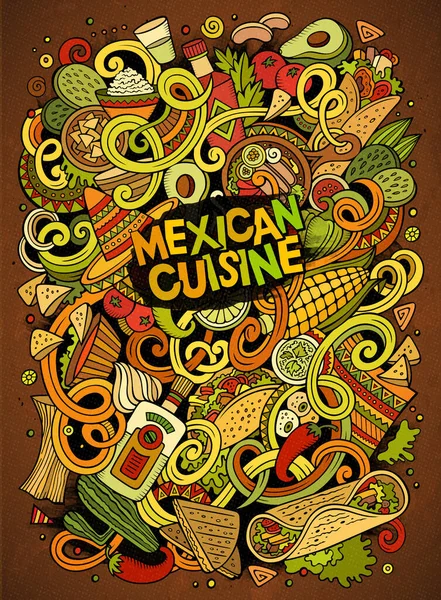 卡通可爱的涂鸦手绘墨西哥食品插图 色彩斑斓的细节 有大量的对象背景 有趣的矢量艺术品 色彩艳丽的墨西哥美食主题 — 图库矢量图片