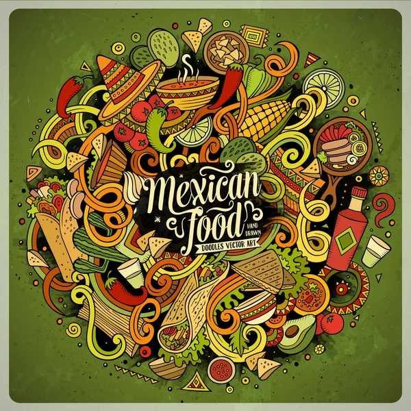 Tekenfilm Schattige Doodles Met Hand Getekend Mexicaanse Voedsel Illustratie Kleurrijk — Stockvector