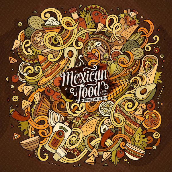 Çizgi Filmlerdeki Sevimli Karalamalar Meksika Yemek Resimlerini Çiziyor Renkli Detaylar — Stok Vektör