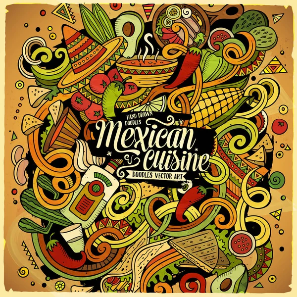 Tekenfilm Schattige Doodles Met Hand Getekend Mexicaanse Voedsel Illustratie Kleurrijk — Stockvector