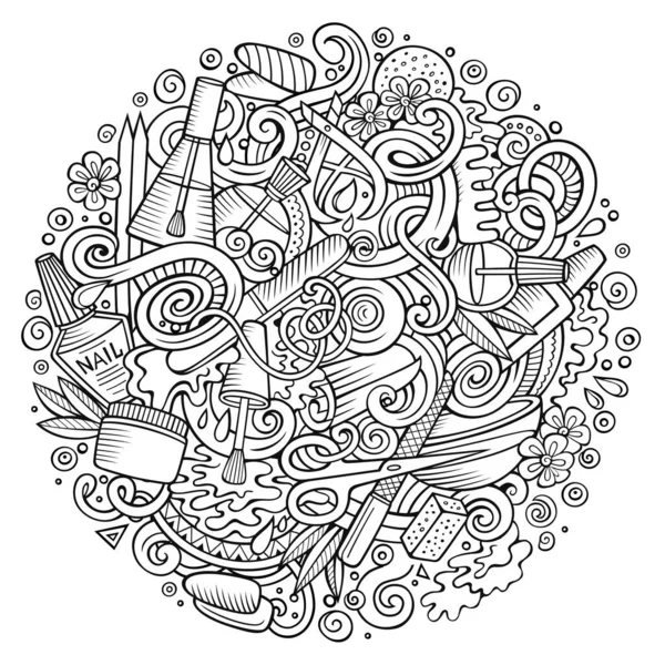 Tecknad Söt Doodles Handritade Nail Salong Illustration Sketchy Detaljerad Med — Stock vektor