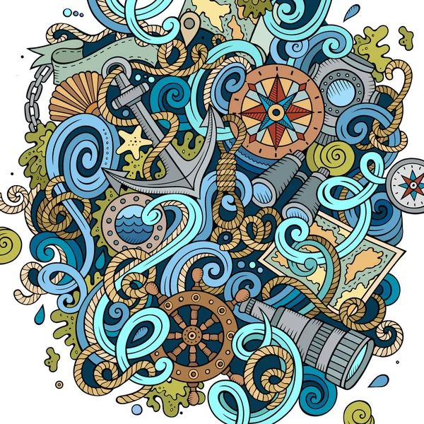 漫画かわいいドールズ手海図を描いた 多くのオブジェクトの背景を持つカラフルな詳細 面白いベクトルアートワーク マリンをテーマにした明るいカラー画像 — ストックベクタ
