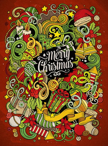 漫画かわいい人形手描きの新年のイラスト 多くのオブジェクトの背景を持つカラフルな詳細 面白いベクトルアートワーク クリスマスのアイテムと明るい色の画像 — ストックベクタ