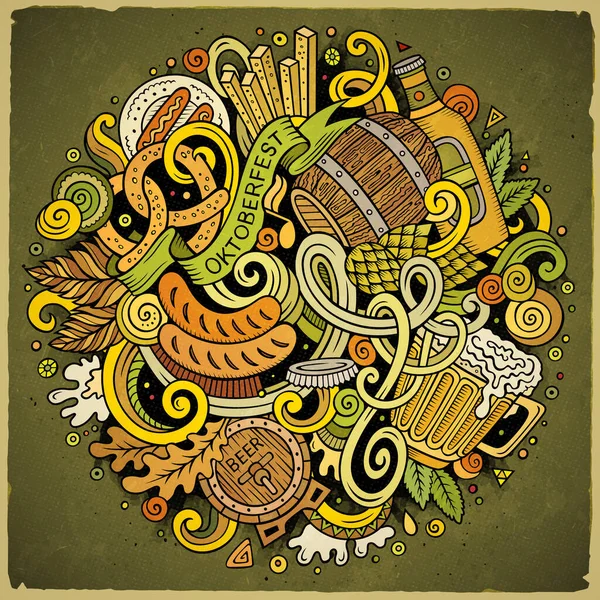 卡通可爱的涂鸦手绘啤酒插图 色彩斑斓的细节 有大量的对象背景 有趣的矢量艺术品 带有Oktoberfest主题项目的明亮色彩图片 — 图库矢量图片