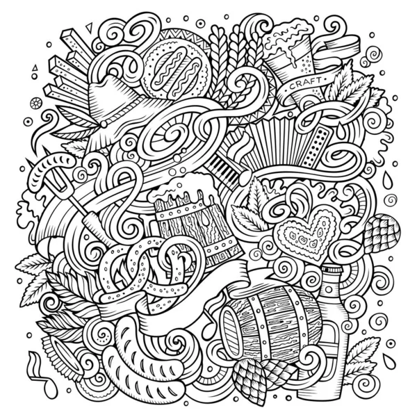 Dibujos Animados Garabatos Lindo Dibujado Mano Oktoberfest Ilustración Línea Arte — Vector de stock