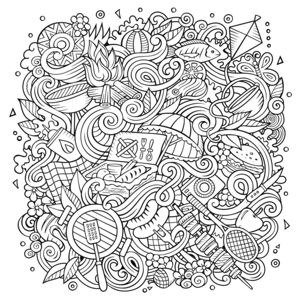Tekenfilm Schattige Doodles Hand Getekend Picknick Frame Ontwerp Line Art — Stockvector