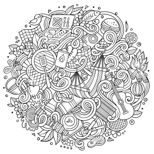 Cartoon Niedliche Kritzeleien Handgezeichnet Picknickrahmen Design Linienkunst Detailliert Mit Vielen — Stockvektor