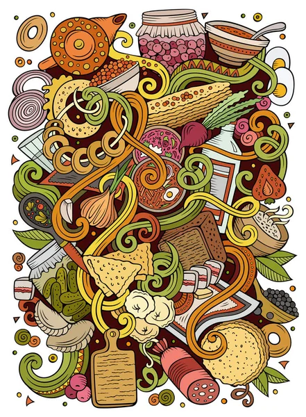 Dibujos Animados Garabatos Lindo Dibujado Mano Eslava Ilustración Alimentos Colorido — Vector de stock