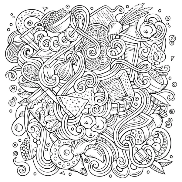 卡通可爱的涂鸦手绘斯拉夫食品插图 线条艺术精细 有大量的对象背景 有趣的矢量艺术品 带有烹饪主题项目的轮廓图 — 图库矢量图片
