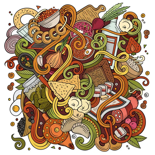 卡通可爱的涂鸦手绘斯拉夫食品插图 色彩斑斓的细节 有大量的对象背景 有趣的矢量艺术品 色彩艳丽的图画与美食主题 — 图库矢量图片