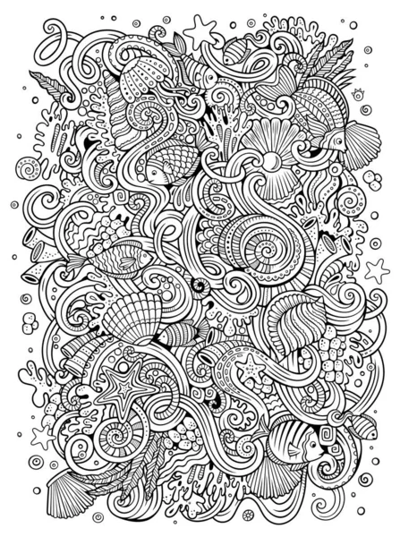 Картон Малював Каракулі Тему Підводної Життєписної Ілюстрації Лінійне Мистецтво Детальне — стоковий вектор