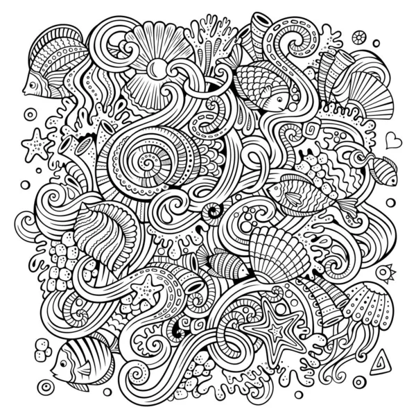 Картон Малював Каракулі Тему Підводної Життєписної Ілюстрації Лінійне Мистецтво Детальне — стоковий вектор