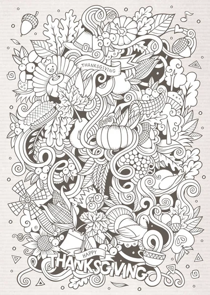 Tecknad Vektor Handritad Doodle Thanksgiving Sketchy Design Bakgrund Med Objekt — Stock vektor