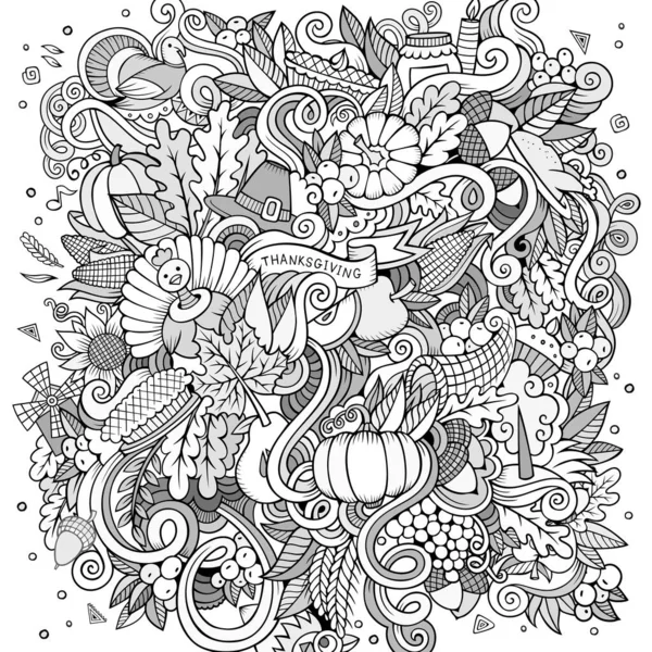 Cartoon Vector Met Hand Getekend Doodle Thanksgiving Sketchy Design Achtergrond — Stockvector