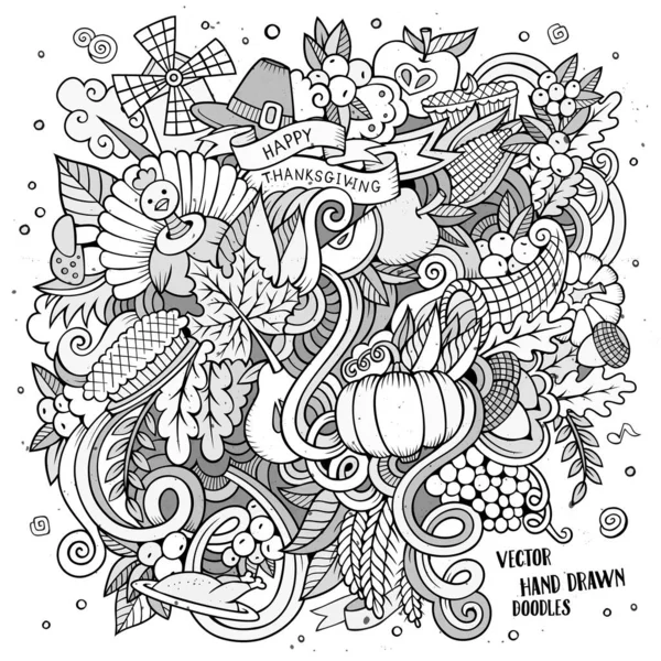 Tecknad Vektor Handritad Doodle Thanksgiving Sketchy Design Bakgrund Med Objekt — Stock vektor